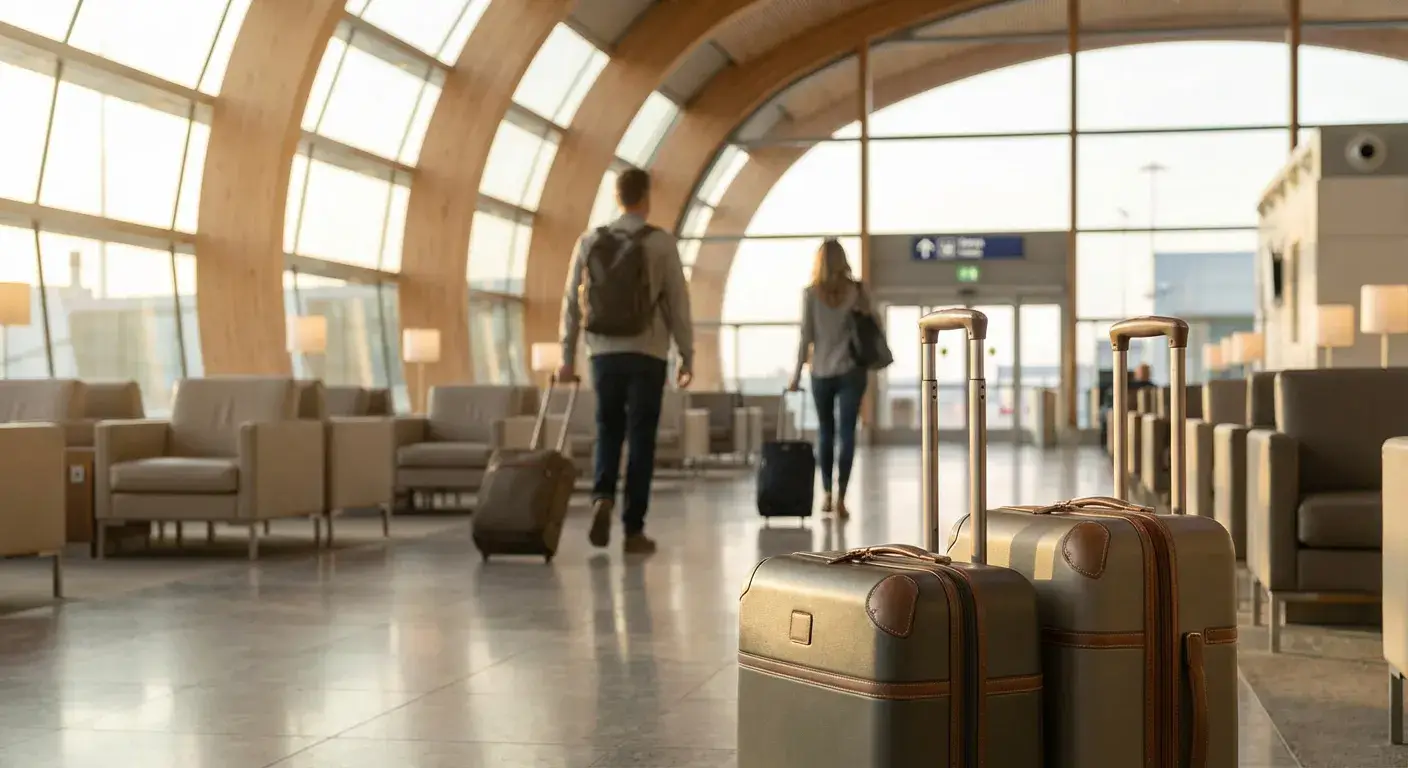 Reisender am Flughafen mit Koffer vor der Anzeigetafel