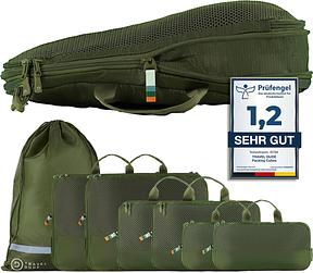 TRAVEL DUDE Packwürfel Set mit Kompression aus recycelten Plastikflaschen, Leichte Packing Cubes, Packtaschen Set für Rucksack und als Koffer Organizer (Wald Grün, 7-teiliges Set)