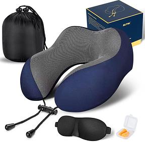 MLVOC Neck Pillow for Traveling, Upgraded 100% Pure Memory Foam Travel Neck Pillow for Airplane Flight Sleep, Breathable & Machine Washable Cover, Travel Kit with 3D Eye Mask, Earplugs & Bag, Blue | memor foam