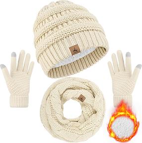 LOROME Winter Beanie Hat Scarf Gloves, Warm Fleece Knit Neck Scarf Set Gift | Hats Gloves Scarf Set, Touchscreen Gloves, Universal Size Neck Scarf Set Winter Gifts for Unisex Adult Winter Wear