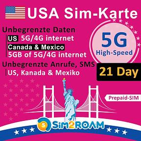 USA Prepaid SIM Card | Unlimited 5G/4G LTE High Speed Internet Data in the USA | Unlimited Calls and Text Messages | Rechargeable 21 Days