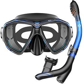 Snorkel Set Snorkel and Diving Goggles, Waterproof Diving Mask, Anti-fog Anti-leak Made of Tempered Glass, with 3-Channel Premium Dry Snorkel For Adults