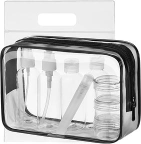 Reiseset 10-teiliges mit Reiseflaschen 100ml, Transparenter Kulturbeutel
